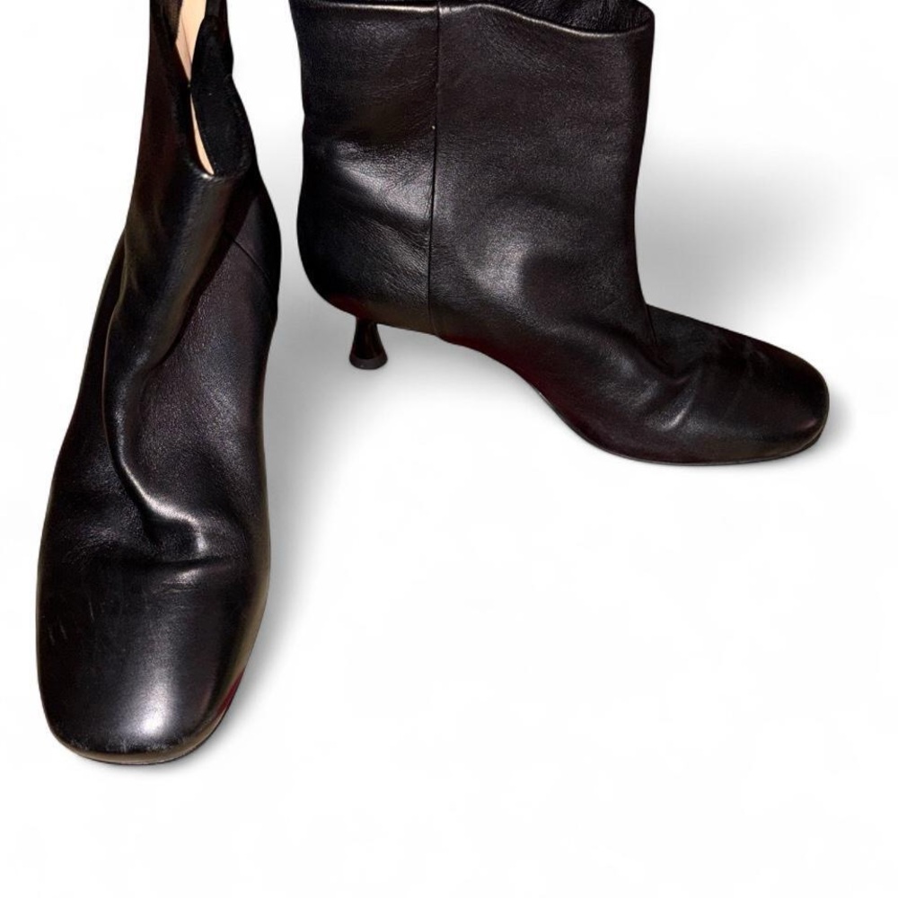 Dear Frances Black Leather Square Toe Mid-Heel Ankle Boots